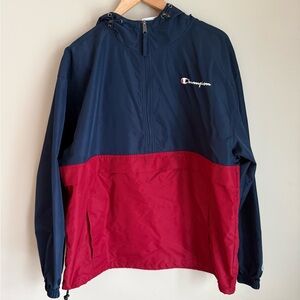 Champion Jacket Mens‎ L Blue/ Maroon Packable Half Zip Hooded Water Resistant